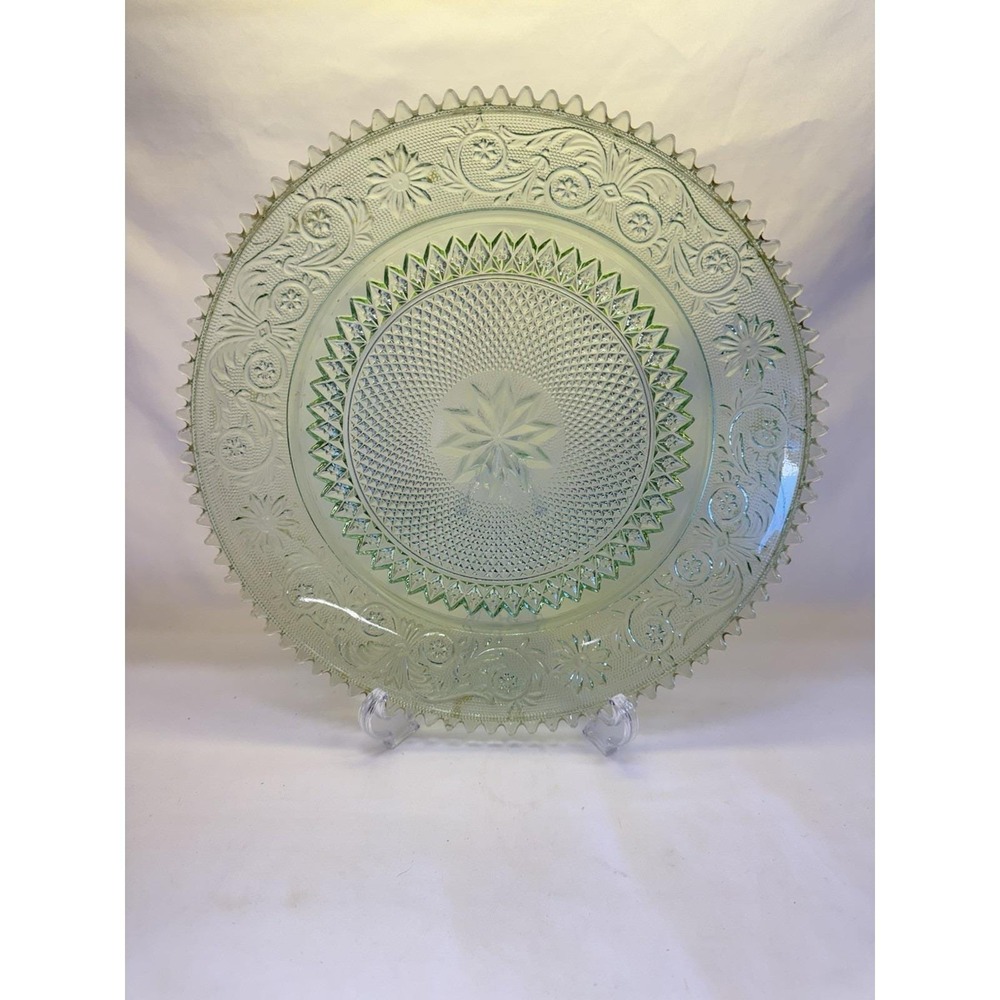 Vintage Tiara Chantily Sandwich Light Green Glass 12" Torte Platter Holidays